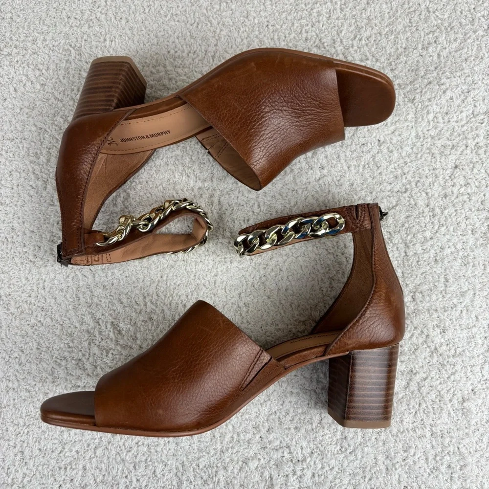 Johnston & Murphy Sandals Womens 9M Cognac Calfskin Evelyn Chain‎ Heeled Sandal